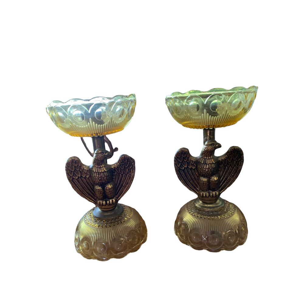 RARE Vintage Mid Century EAGLE Depression Glass & BRASS Candlesticks AMERICANA